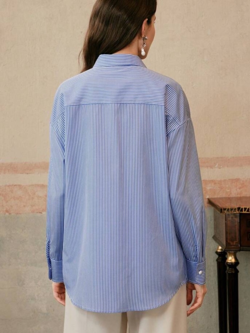 Classic Unique Panel Button Up Down Front Shirt Top Blouse Blue White - Picture 2 of 14
